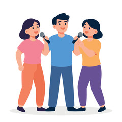 Fototapeta premium Three people holding microphones and singing together in a group