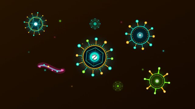 Glowing neon virus cell and bacteria animation with HUD line art, futuristic microorganism pathogen concept motion graphic on dark background