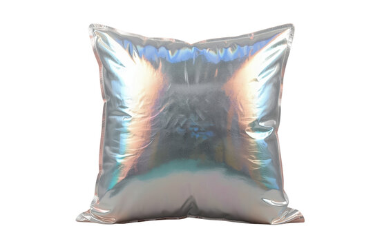 Square iridescent metallic pillow with reflective rainbow surface