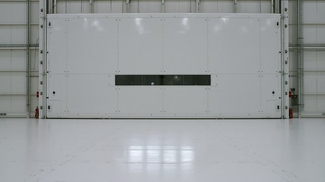 Empty large closed industrial white hangar door with small horizontal window in bright clean empty industrial warehouse interior with smooth white concrete floor