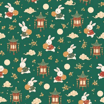 Seamless design showcasing rabbits lanterns and mooncakes for celebrating the mid autumn festival