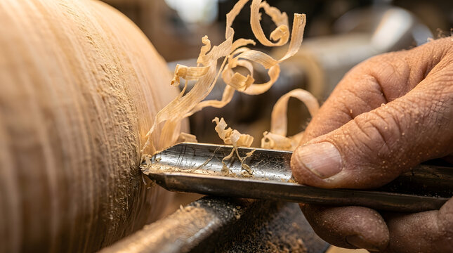 Close-up macro shot of a master carpenter using a sharp woodturning chisel to shape a wooden bowl on a lathe, featuring flying wood shavings and warm atmospheric workshop lighting for artistic crafts.