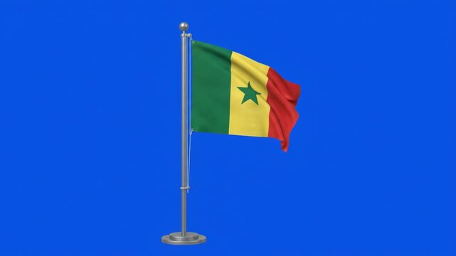 Waving flag of Senegal on a flagpole against a blue screen, representing national pride and identity.