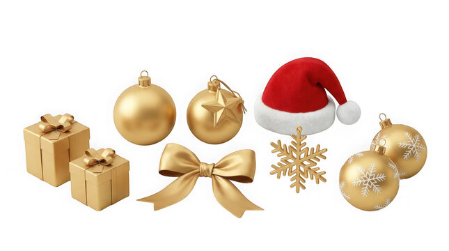 Set of golden christmas decorations including baubles, gift boxes, a bow, a snowflake, and a santa hat isolated on transparent background