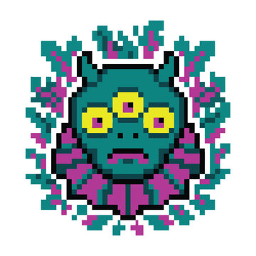 Retro pixel alien monster face with purple tentacles digital illustration.