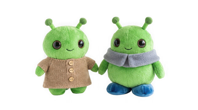 Two cute green alien plush toys wearing a sweater and a scarf isolated on transparent background