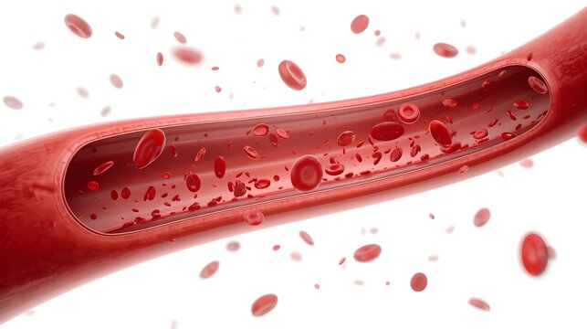 Simulates the inside of blood vessels or veins and red blood cells. Red blood cells in an artery or blood vessel, flow inside the body, medical human health care. 3D Rendering.