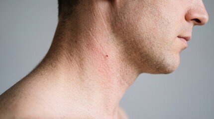 Naklejka premium Side View of Male Neck Showing Razor Burn Irritation and Small Bleeding Shaving Cut