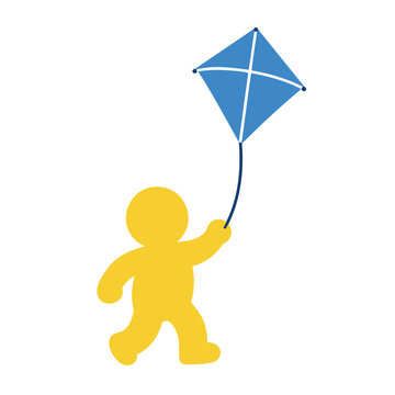 Simple yellow character holding a blue kite on a string