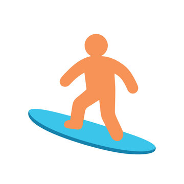Orange stick figure surfing on a blue surfboard on white background