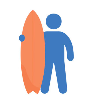 Simple blue icon person holding an orange surfboard on white background