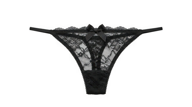 Black lace thong underwear with a small bow isolated on transparent background