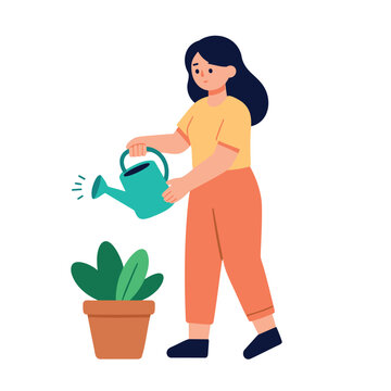 Woman watering a potted plant with a watering can in a flat design