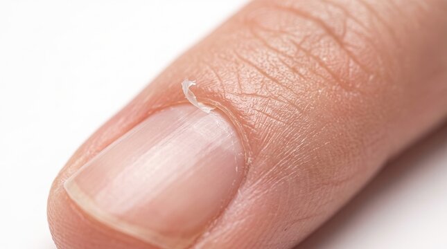 Extreme Macro of Painful Peeling Hangnail Cuticle Tear on Human Fingernail Edge