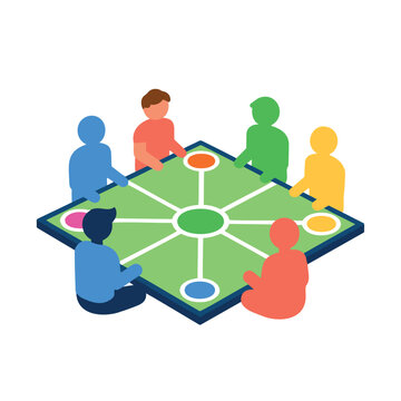 Colorful cartoon people gathered around a square table playing a board game