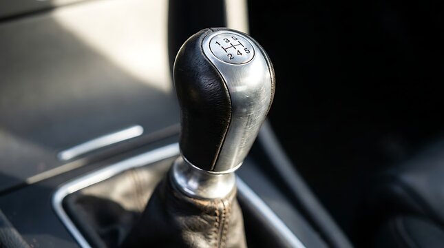 Manual car gear shift knob with leather boot in a modern vehicle interior