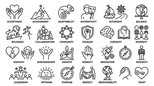 Abstract concepts and values icons acceptance achievement adaptability authenticity autonomy balance boldness 