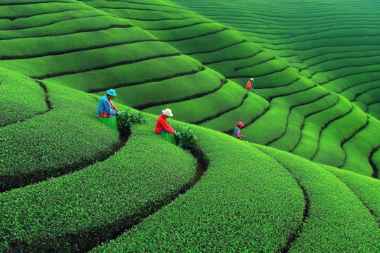 Lush green tea plantations with farmers harvesting in serene terraced fields