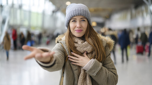 Woman in winter attire gesturing for help inside busy airport terminal