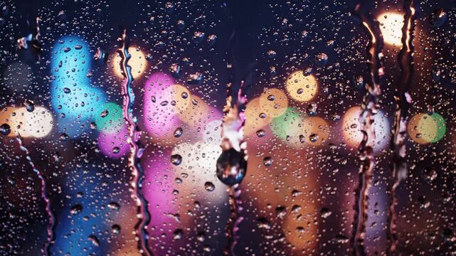 Rain droplets sliding down window with blurred urban lights - 3