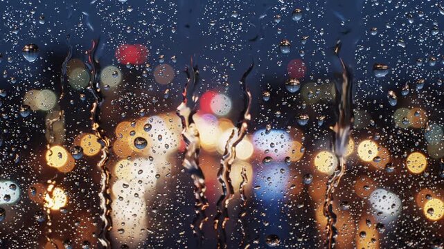 Rain droplets sliding down window with blurred urban lights - 2