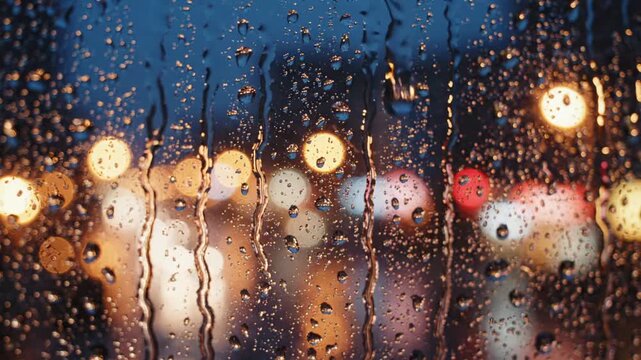 Rain droplets sliding down window with blurred urban lights - 1