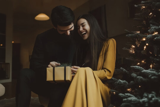 Joyful couple in pajamas exchanging Christmas gifts by the tree