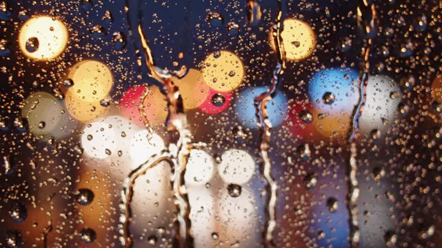 Rain droplets sliding down window with blurred urban lights