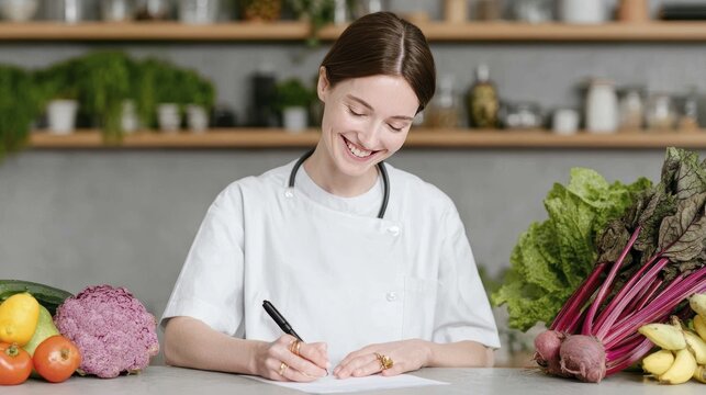 Smiling chef writing in kitchen surrounded by fresh vegetables and herbs