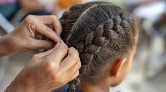 Skillful hands braiding hair for a beautiful hairstyle close-up