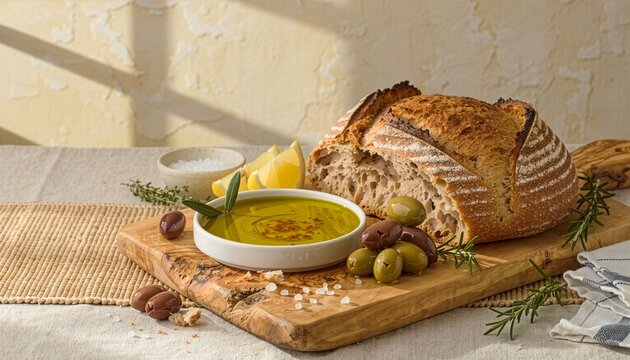knuspriges Brot und Oliven&ouml;l in der K&uuml;che f&uuml;r mediterrane Vorspeisen