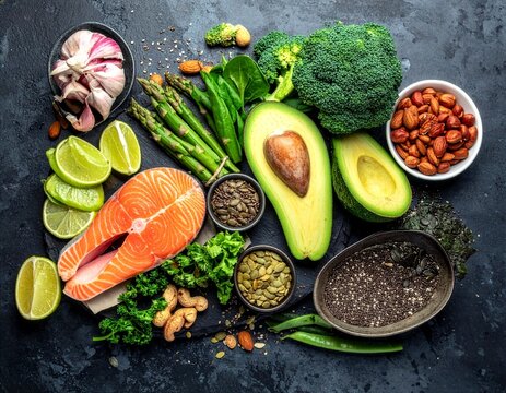 Frisches gr&uuml;nes Gem&uuml;se, lachs, samen, avocado und obst f&uuml;r einen gesunden lifestyle und ausgewogene ern&auml;hrung