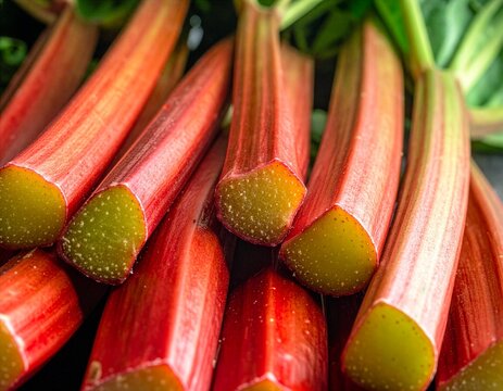 Frischer Rhabarber liegt in Nahaufnahme