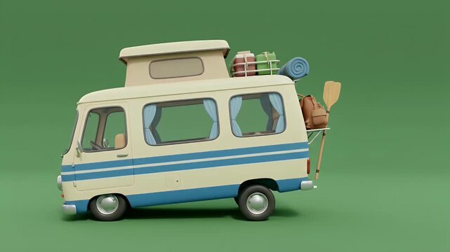 3D animation of a cute camper van driving on a green background for travel concepts