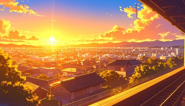 Anime Style Illustration of Japanese Town from Elevated Train Platform at Sunset