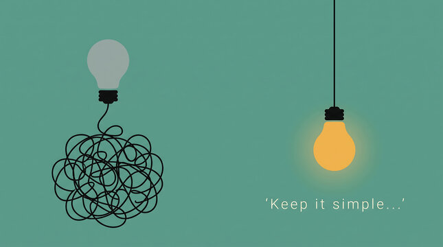 Tangled Wire Light Bulb vs Glowing Simple Bulb with Keep It Simple Text for Problem Solving and Solution Concept