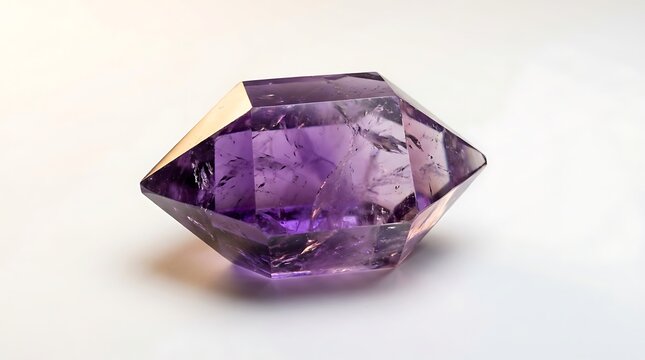Faceted purple amethyst crystal gemstone isolated on a clean white background