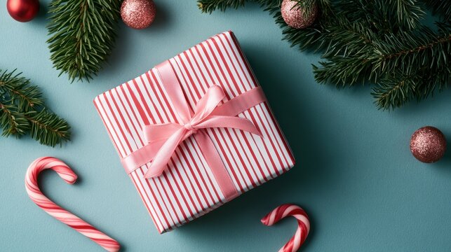 Christmas gift wrapped in striped paper with pink ribbon, candy canes and pine branches