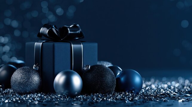 Blue Christmas gift with metallic bow and matching baubles on festive tinsel background