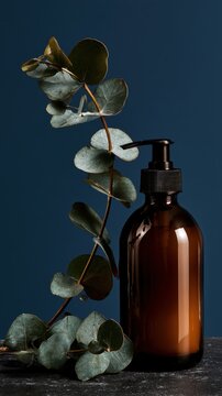 Amber pump bottle with eucalyptus branch for natural skincare and minimalist bathroom display
