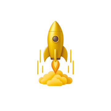 Yellow rocket launching with orange flames and smoke icon representing startup, growth, success, ambition and business takeoff