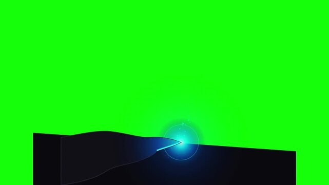 Futuristic sharp blade cutting surface with bright blue energy spark on green screen