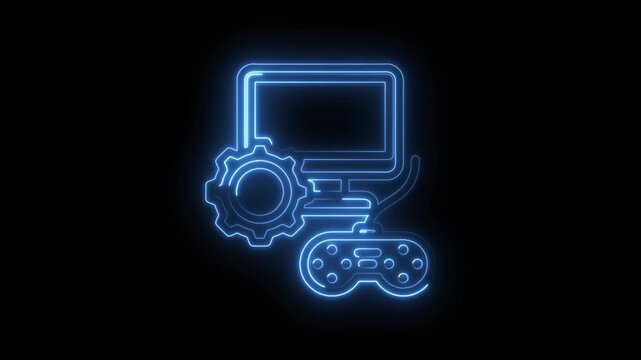Glowing blue neon icon representing gaming computer setup with gear and controller on black