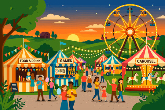 Colorful Carnival Fairground Festival with Ferris Wheel, Carousel, Games and Food Stalls