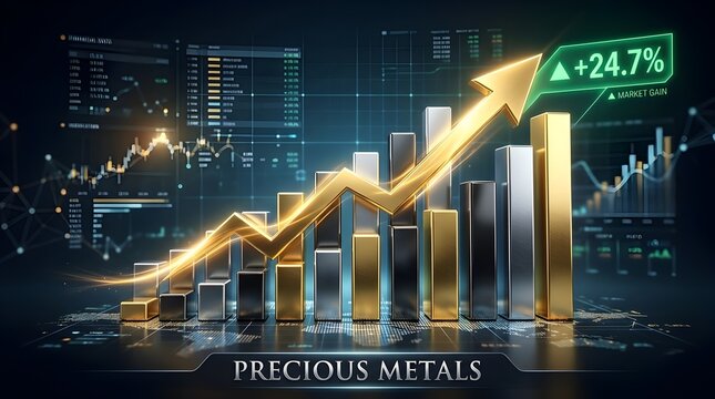 3 d bar chart with rising gold arrow and market data overlay