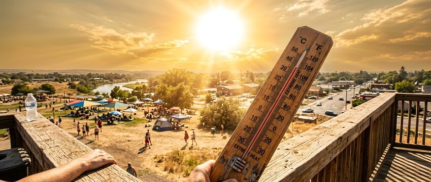 Hand holding wooden thermometer overlooking a sunny park at sunset