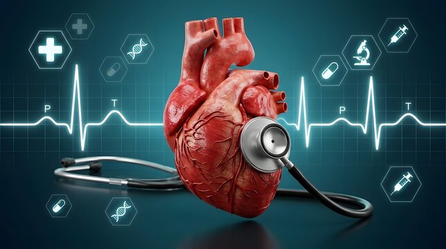 3 d render of human heart with stethoscope and medical