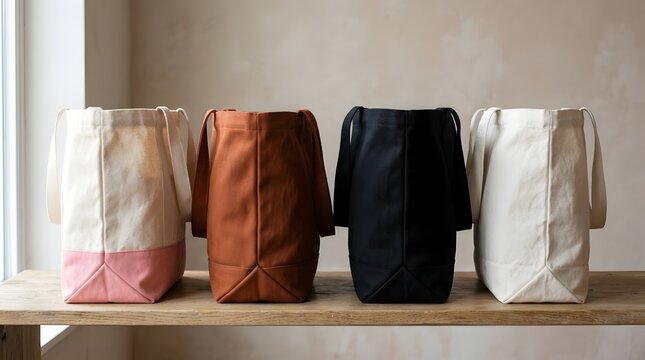 Four canvas tote bags in white, pink, brown, and black on a wooden shelf