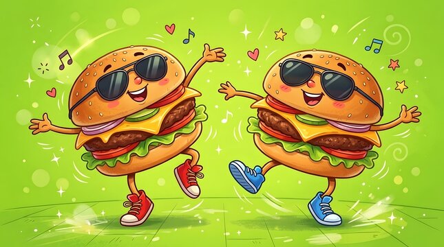Two anthropomorphic cheeseburgers dancing on a green background