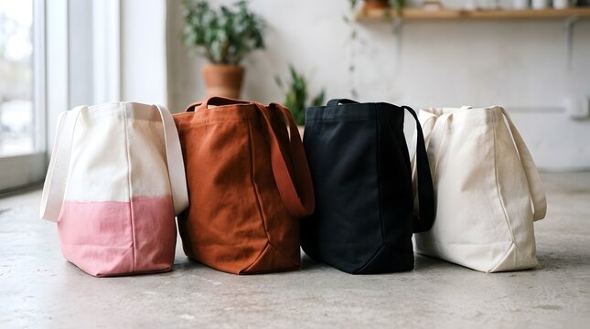 Four canvas tote bags in white, pink, rust, and black colors